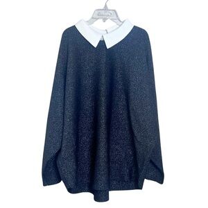 Sioni NWT Black Metallic Dolman Sleeve Sweater White Collar Size 2X Career Party